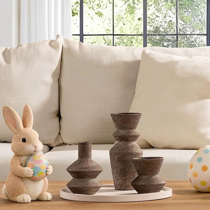 Ceramic Vase Home Table Decor - Brown Flower Vase Set of 3 Living Room Kitchen Decorations Farmhouse Modern Rustic Vases Decorative Centerpiece for Shelf Bedroom Office Bathroom Dining Coffee Desk