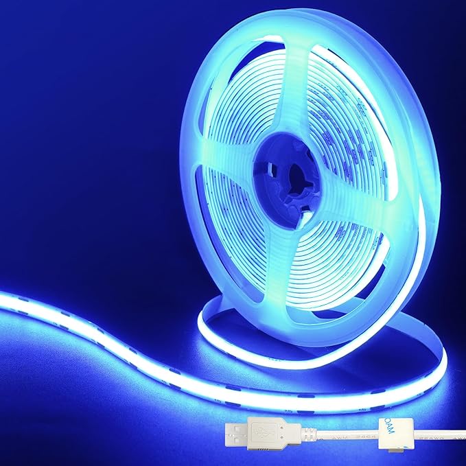 5V USB COB LED Strip Lights,9.84FT/3M,Blue,320LEDs/M,8mm Width,Not Waterproof IP20,1M USB Cable,Flexible LED Tape Light for DIY Home Indoor Decoration