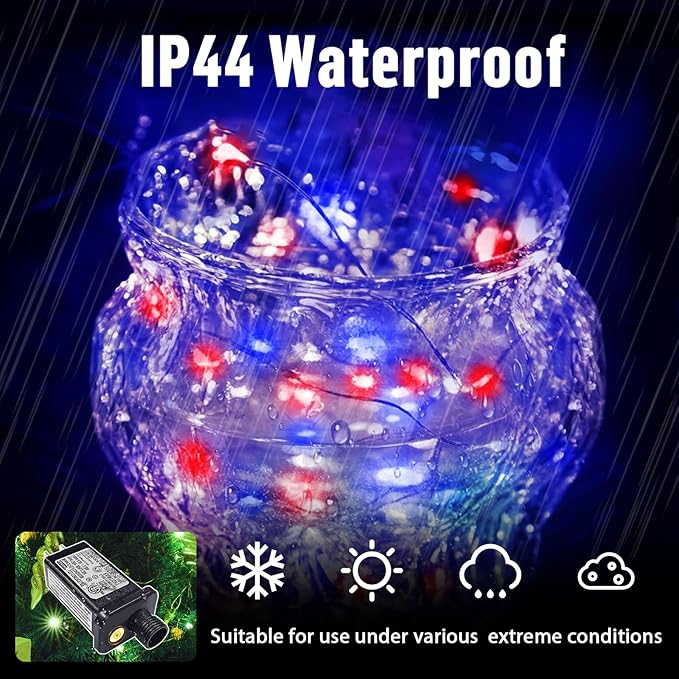 LAMPHOME Patriotic Fairy Lights Plug in, 33Ft 100 LEDs Waterproof Twinkle Firefly Lights, Adaptor Included Starry String Light for Independence Day Patriotic Holidays Decoration (Red, White & Blue)