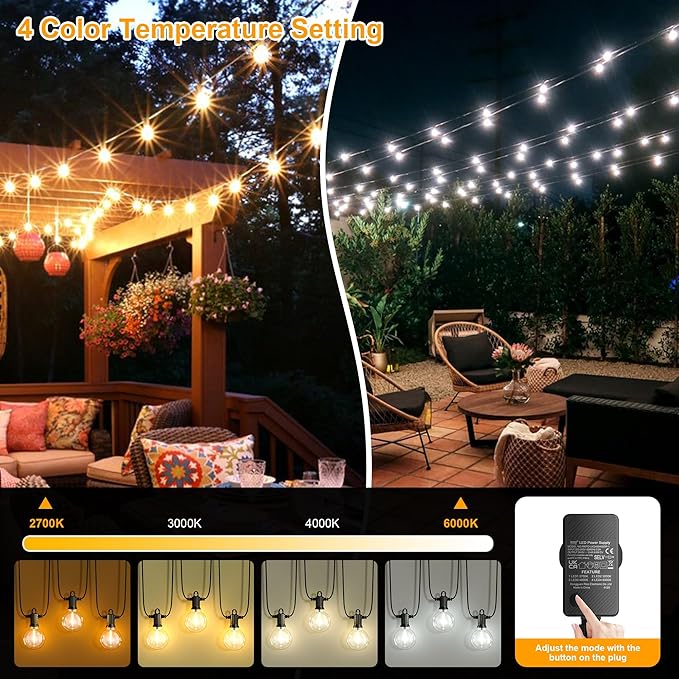 Outdoor String Lights, 100FT 4-Color LED Patio Lights with 50 Shatterproof G40 Globe Bulbs, Waterproof Hanging Lights for Outside, Backyard, Porch, Balcony, Gazebo, 2700K/3000K/4000K/6000K