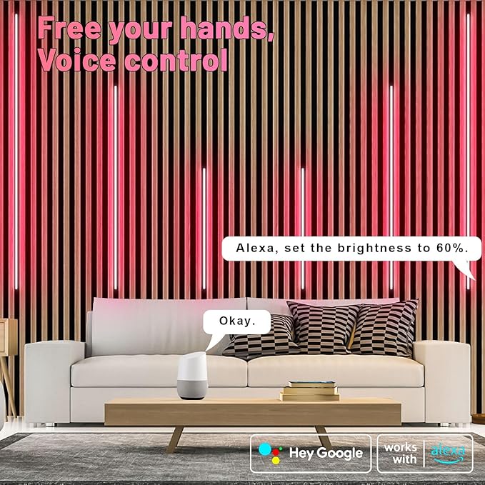 Lichaser RGB Black Smart Recessed Lighting for Acoustic Panel, 6 Pcs WiFi LED Strip Light for Wood Slat Wall Panel Compatible with Alexa, Self-Adhesive Smart LED for Slat Wall (4 * 28 in+2 * 16 in)