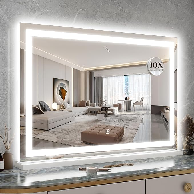 ROLOVE 31" x 22" Large Lighted Vanity Mirror with Lights, Dimmable 3 Modes, LED Makeup Mirror for Bathroom ＆ Dressing Room, Tabletop or Wall-Mounted, 10X Magnification, White