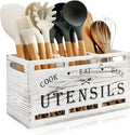 Wood Large Utensil Holder for Kitchen Counter Spatula Holder Cooking Utensils Organizer Farmhouse Utensil Caddy Rustic White Kitchen Decor Tools Gift Wooden Countertop Cutlery Caddy Spoon Holder