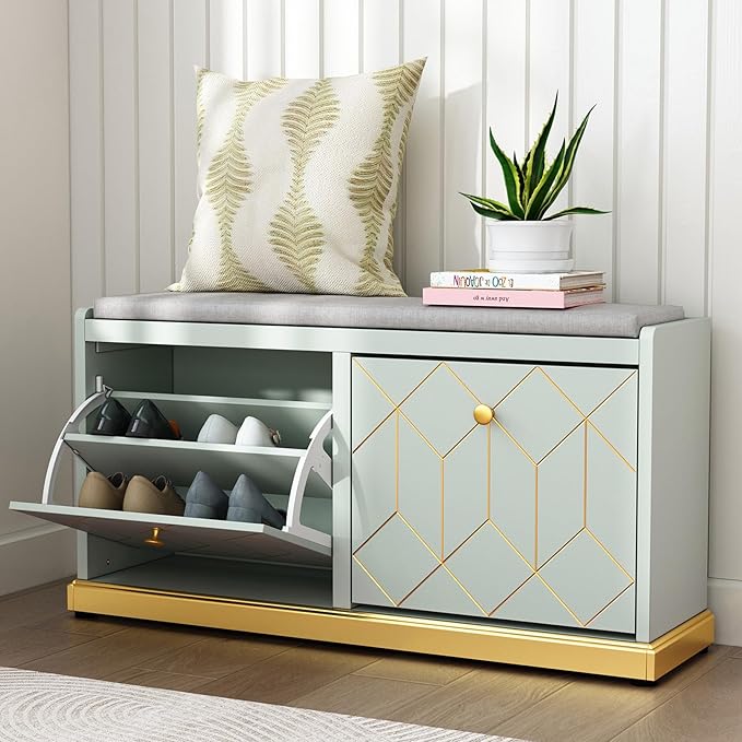 HLR Shoe Bench with Storage, Modern Entryway Bench with 2 Flip Drawer & Padded Cushion Seat, Shoes Storage Bench for Hallway, Closet, Living Room, Green Shoe Storage Cabinet with Bench