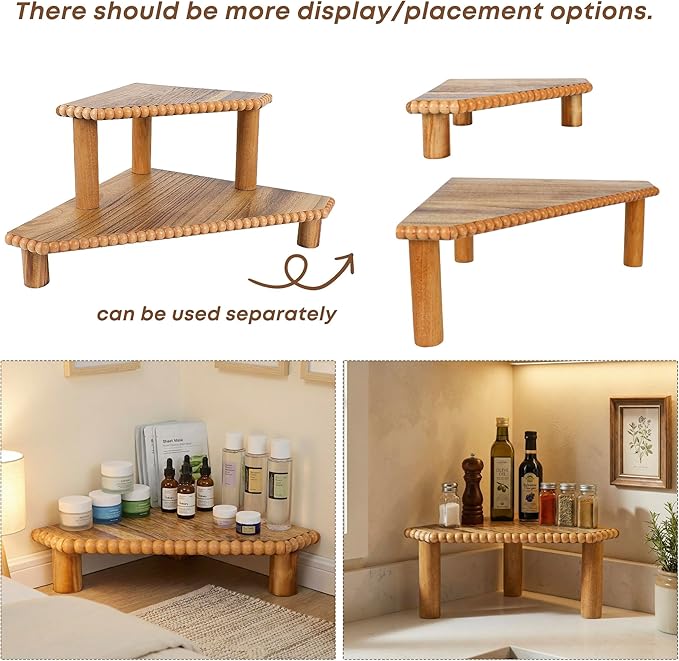 2-Tier Rustic Corner Shelf for Kitchen Counter,Wood Beaded Farmhouse Countertop Organizer with Removable Feet, Stackable Bathroom Vanity & Coffee Bar Decorative Riser Stand(Rustic Brown)