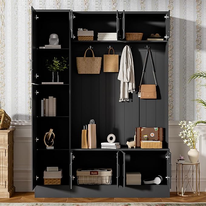 79'' Tall Modern Hall Tree with Shoe Storage and 4 Coat Hooks, 4-in-1 Entryway Bench with 6 Cabinets and Adjustable Shelf for Hallway, Living Room (Black/33f)