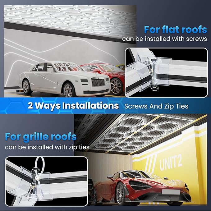 Updated Bigger Size 14 Grid Hexagon Garage LED Lights with Widen 1.33IN Illuminated Surface, 108000LM Led Lights System for Garage, Basement,Warehouse(Black Edge) Patent No.US0D1109406S