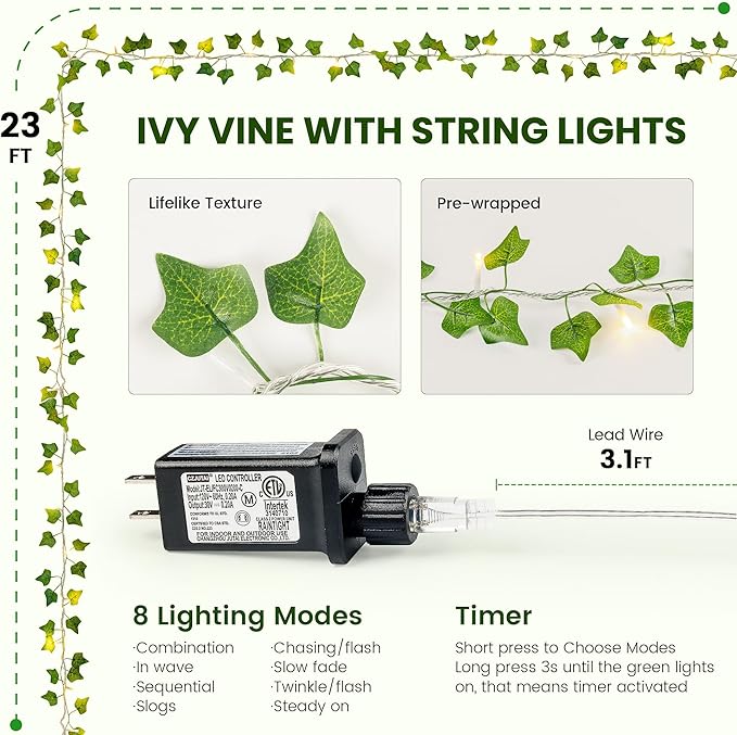 Vine with Fairy Lights, 23 FT 73 LED Ivy Leaf Lights Indoor Plug in, Fake Vine String Lights for Bedroom, Dorm, Wall, Party, Garden, Birthday, Wedding, Room Decor, Warm White