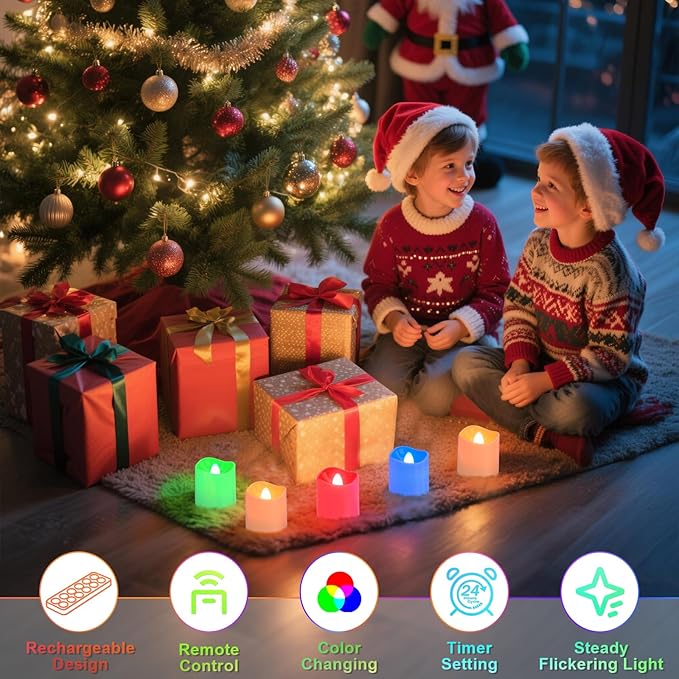 PChero Rechargeable Flameless Candles with Remote Timer & Charging Base, 12 Pack 9 Color Changing Tea Lights Battery Operated, LED Votive Candles for Halloween Pumpkin Christmas Party Home Decor