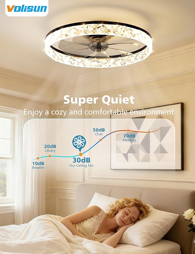 VOLISUN Low Profile Ceiling Fan with Lights and Remote, 20in Modern Ceiling Fans Flush Mount, 3000K-6500K Dimmable Bladeless LED Fan Light, Black Fandelier Ceiling Fans with Lights for Bedroom