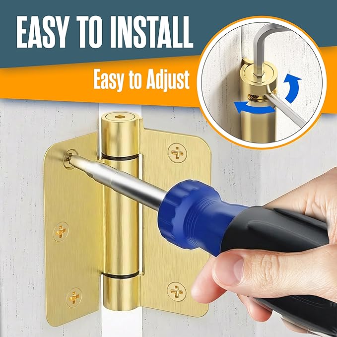 Houseables Self Closing Door Hinges, Spring Hinge Door Closer, Spring Loaded, Auto Close, 3.5 Inch, Automatic Closer, Auto Shut, Interior, Garage, Exterior, Adjustable Tension, 1/4 Radius, Brass, 2 PK