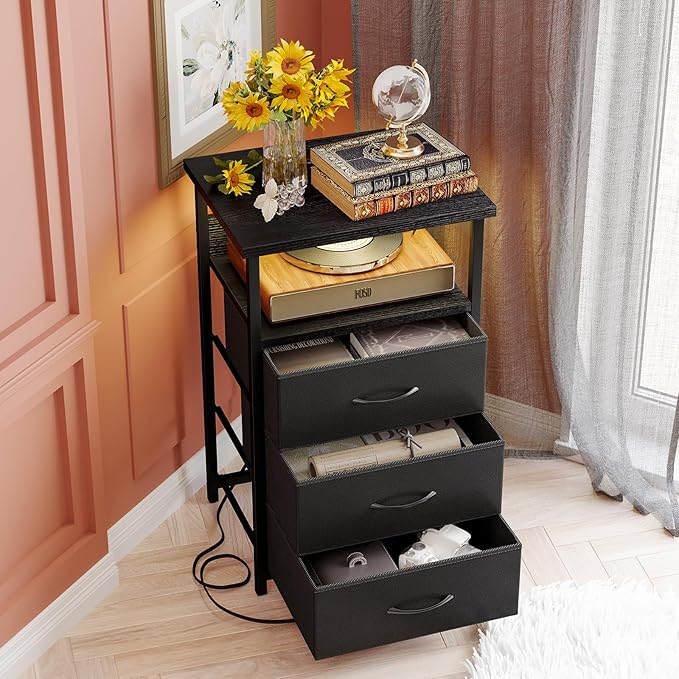 Fixwal Night Stand with 3 Fabric Storage Drawers, LED Nightstand with Charging Station, Bedside Table, Black