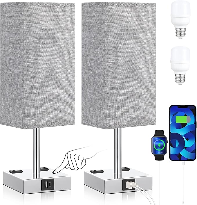 aooshine Gray Set of 2 Touch Lamp with USB Port-Nightstand Lamp with USB-C+A Charge Ports& AC Outlets, 3-Way Dimmable Bedside Lamp with Shade,Small Table Lamp for Bedroom Living Room(Bulb Included)