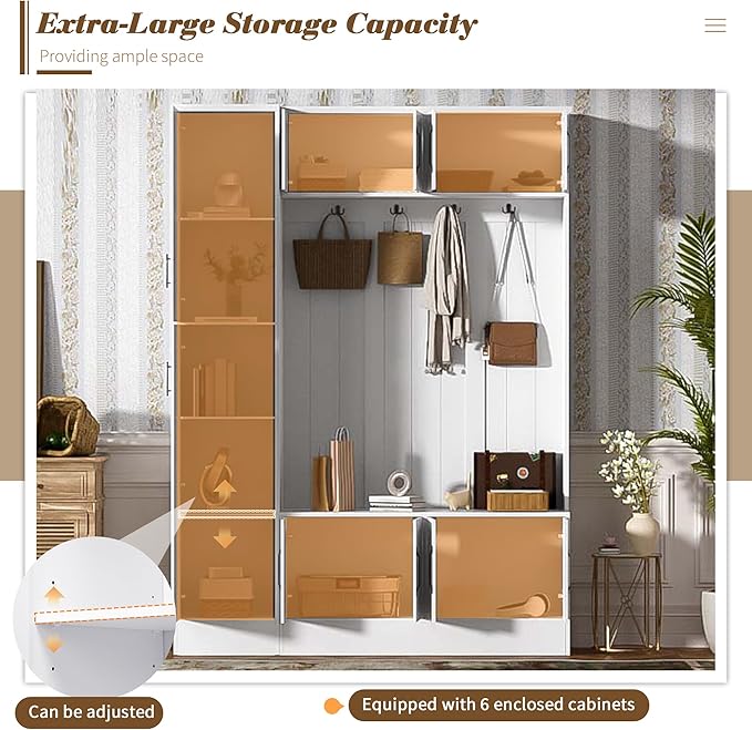 79'' Tall Modern Hall Tree with Shoe Storage and 4 Coat Hooks, 4-in-1 Entryway Bench with 6 Cabinets and Adjustable Shelf for Hallway, Living Room (White/33f)