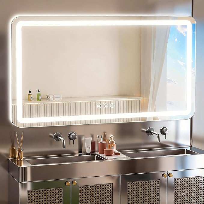 55" x 30" Led Bathroom Mirror with Lights, Anti-Fog & Tri-Color Lighting - Wall Mounted Shaving Mirror with Touch Sensor, Waterproof & Smart LED Vanity Mirror,Tempered Glass, Dimmable Smart Mirror