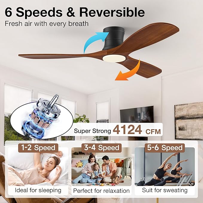 52inch Wood Ceiling Fans with Lights and Remote,Low Profile Modern Ceiling Fan with Light,Outdoor Indoor Flush Mount Ceiling fan,for Patio Bedroom Farmhouse,Walnut,3 Blades,6 Speeds,Quiet