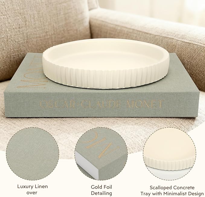 Decorative Concrete Tray & Book Set - Modern Scalloped Home Decor Tray & Linen Storage Box for Coffee Table, Bookshelf, Entryway, Console, Living Room, Housewarming Gift (White)
