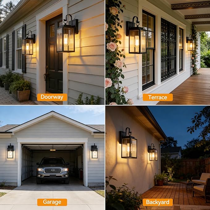 2 Pack 11.8-inch Dusk to Dawn Outdoor Wall Lights, Black Exterior Light Fixture with Clear Tempered Glass, IP65 Waterproof All-Metal Sconce for Porch, Front Door, Garage