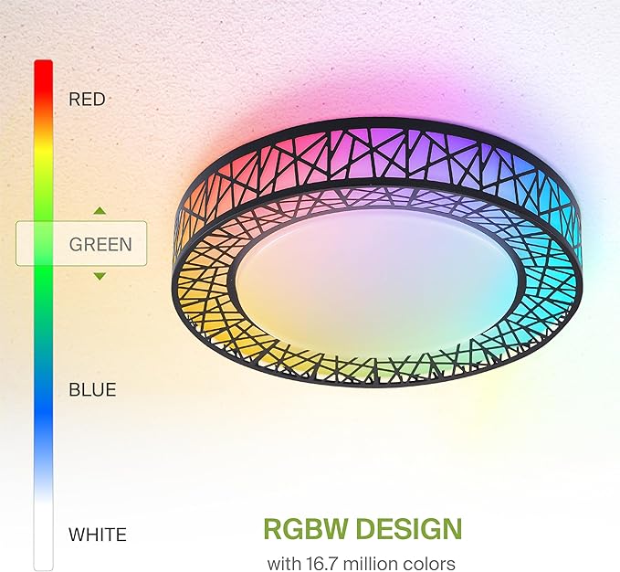 ASD 16 Inch Smart RGBW Flush Mount Ceiling Light with Remote - Matte Black 28W 120V 2700-6500K Dimmable Ceiling Light Fixture, WiFi App Control RGB Lights, Alexa & Google Assistant - ETL