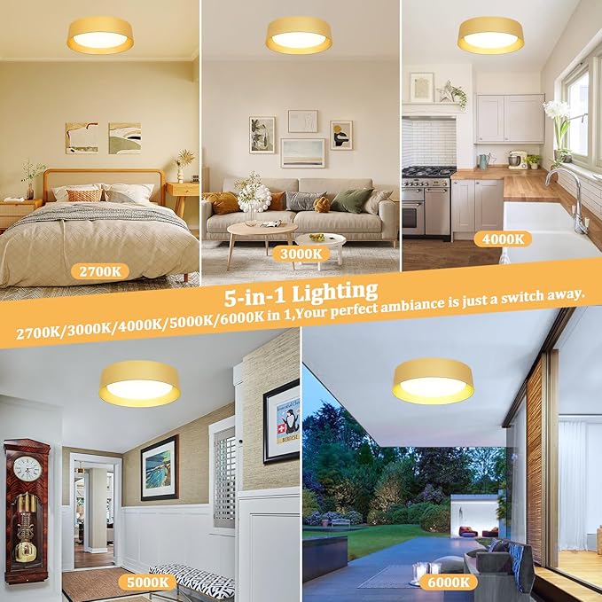 BrightHome 16in Flush Mount Ceiling Light, 3000LM 30W(300W Equiv), LED Ceiling Light Fixture 5CCT 2700K 3000K 4000K 5000K 6000K,Dimmable Ceiling Lamp for Bedroom Bathroom Hallway,Polished Gold Finish