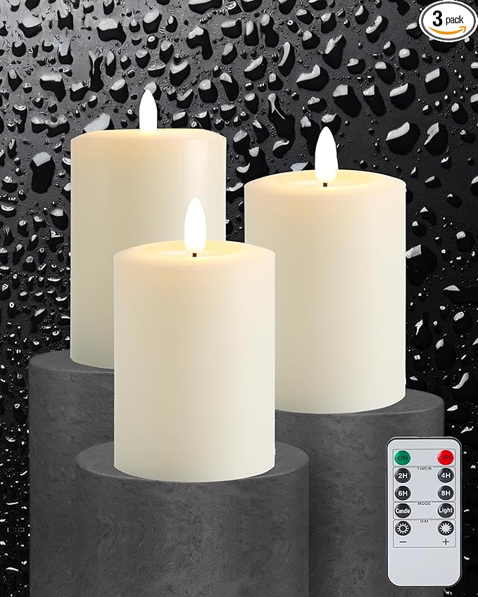 3"x5" Flickering Flameless Candles with Remote Timer, Real Wax, Ivory Pillar Candles, Set of 3 Large LED Battery Operated Candles for Home, Fireplace, Centerpiece, Rustic and Farmhouse Decor