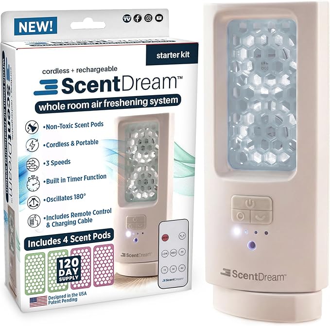 Cordless Electric Air Freshener Starter Kit – Rechargeable Room Air Freshener, 180° Oscillation, Non-Toxic Aroma Pods with Remote Control & 4 Scent Refill Pads for Home, 120 Day Supply
