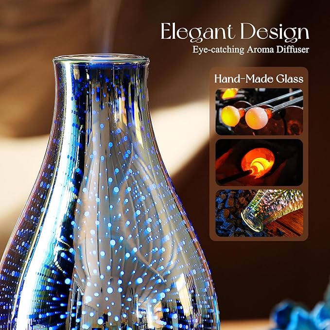 Porseme Essential Oil Diffuser 3D Glass Aromatherapy Ultrasonic Humidifier Cool Mist, Auto Shut-Off, Timer Setting, BPA Free for Home Office Hotel Yoga Gym Leisure SPA Gift 100ml