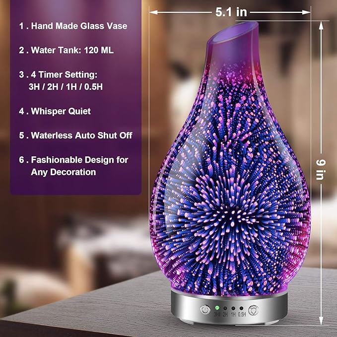 MAXWINER Essential Oil Diffusers Ultrasonic 3D Glass Aromatherapy Diffuser, Auto Shut-Off, Timer Setting, 7 Colors LED Lights Changing for Home, Office, Spa 120ml