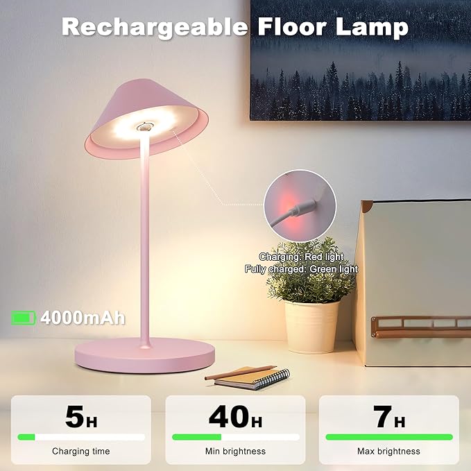 Rechargeable Floor Lamp for Indoor/Outdoor, Cordless Tall Standing Lamp with 3 Color Temps & Dimmable, IP43 Waterproof, Adjustable Height 16-59 Inch, LED Floor Lamp for Living Room, Patio(Pink)