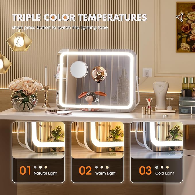Hasipu Vanity Mirror with Lights, 15" x 13" LED Makeup Mirror, 3 Modes Light, Smart Touch Control Dimmable, 360°Rotation, Rectangle White Frame, with 5X Magnifying Glass