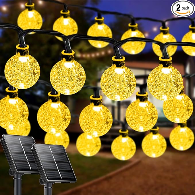 2-Pack 72FT 120 LED Crystal Globe Solar String Lights Outdoor, Waterproof Solar Powered Lights for Outside, 8 Lighting Modes Patio Decorations for Garden Yard Wedding Party Porch Xmas(Warm White)