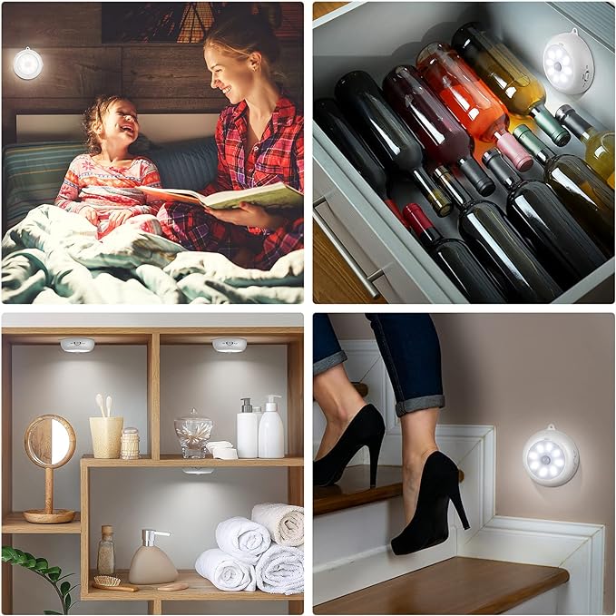 BLS Motion Sensor Light Indoor, LED Night Light Closet Lights, Under Cabinet Battery Powered Ceiling Lights, AA Battery Operated Stick on Wireless Puck Lights for Wall, Step, Stair, Dimmable (3 Pack)