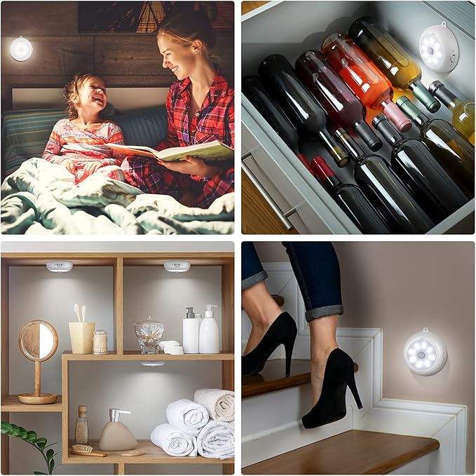 Motion Sensor Light Indoor, Under Cabinet Light, Ceiling Lights, AA Battery Operated Stick on Wireless Puck Lights for Wall, Step, Stair, Dimmable (6 Pack)