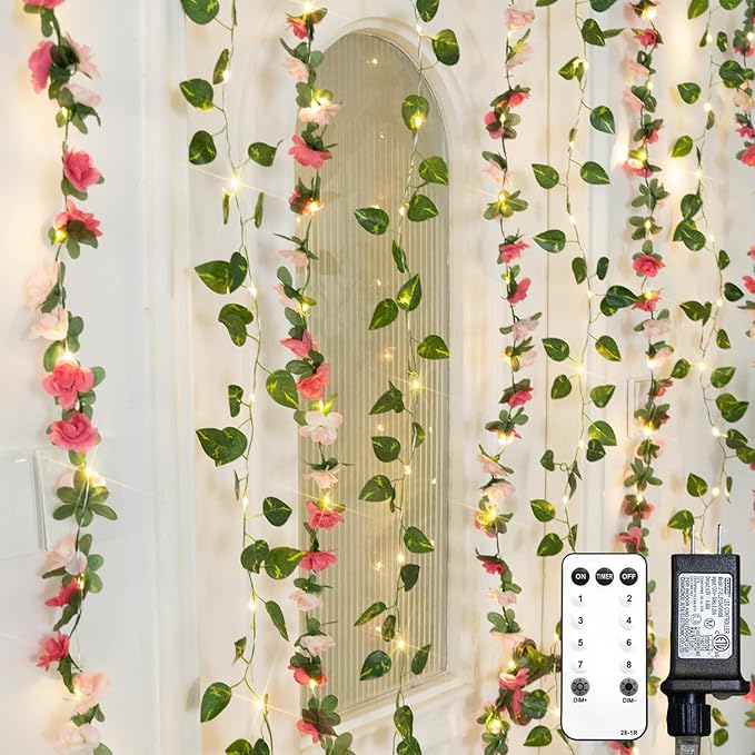 suddus 300 LED Artificial Flower Garland Pothos Vines Curtain Lights, Rose Vines Fairy Lights for Bedroom, Hanging String Lights for Wall, Room, Dorm, Wedding, Party, Indoor Decor 6.56ft x 6.56ft