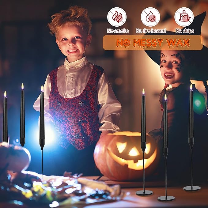 Black Flameless Taper Candles with Remote, Real Wax Halloween Candles, 9.6 Inch Battery Operated Led Candlesticks for Party Home Festival Decor, 3 Pack