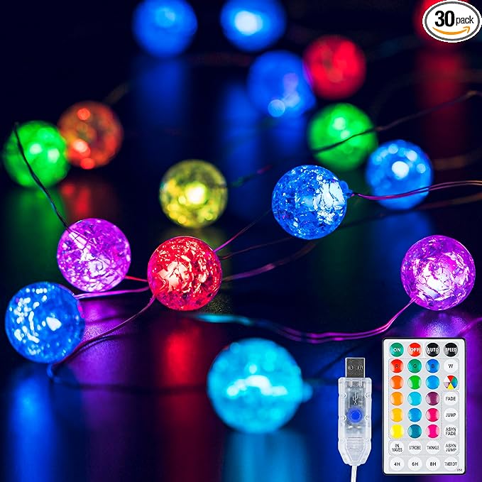 Globe String Lights for Bedroom,Crystal Crackle Small Ball Lights for Classroom,17 Vibrant Color 10FT 30 LED USB Operated with Remote Fairy Light for Indoor,Outdoor,Wedding,Christmas,Party,RGB