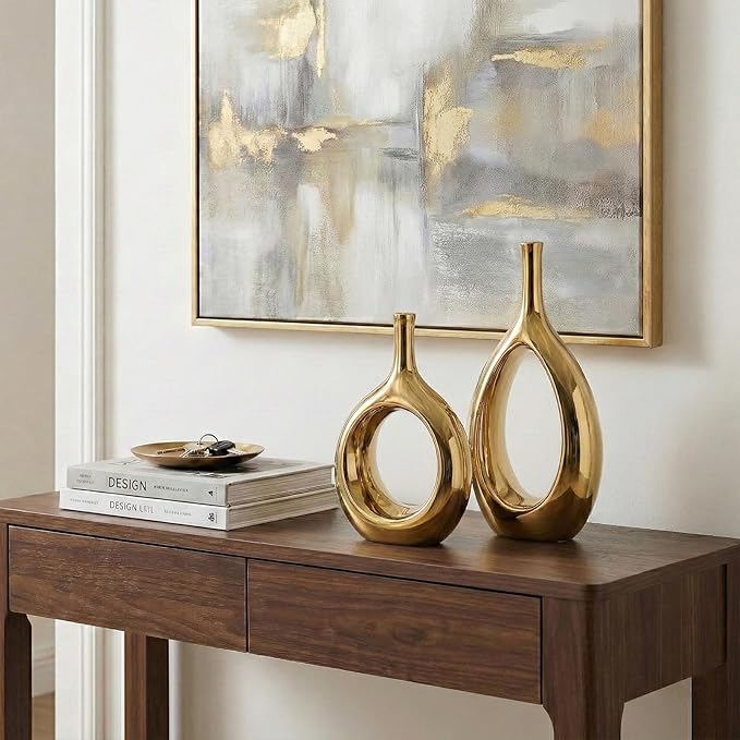 Glossy Gold Vase Ceramic Gold Vases Home Decor,Modern Minimalist Circle with Hole Decorative Vase, Hollow Ellipse Flower vases for Bookshelf, Fireplace Mantle, Centerpieces,Farmhouse,Rustic Décor