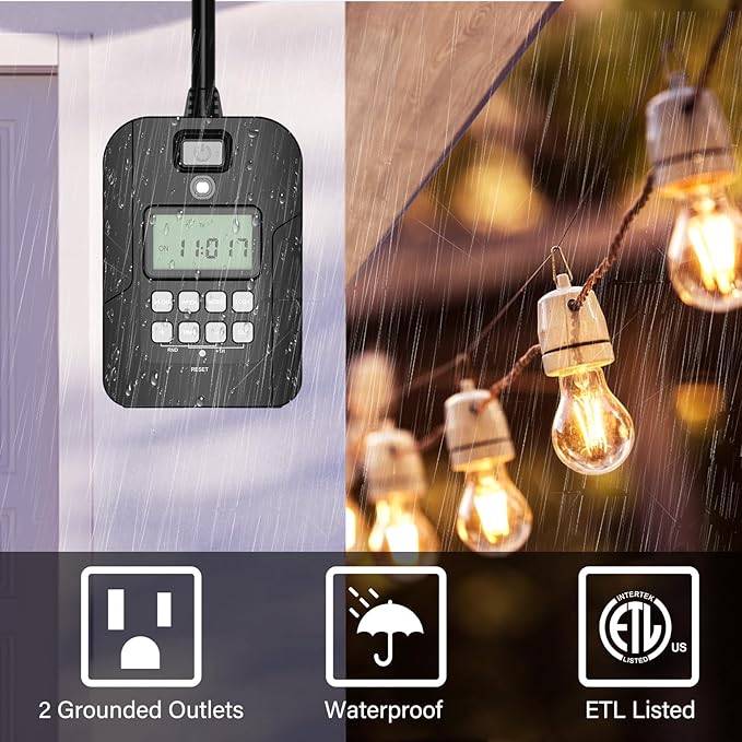 Outdoor Digital Timer for Lights, 7-Day Programmable Plug Waterproof with 2 Grounded Outlets for Landscape String Light, 15A, 1/2 HP UL Listed, 7 Day Dusk to Dawn Programmable Timer