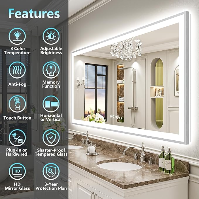 84x32 Brushed Nickel LED Bathroom Mirror with Lights, Sliver Framed Backlit and Front Lit Anti-Fog Lighted Vanity Mirrors for Bathroom Wall, Dimmable, 3 Colors, Memory, Tempered Glass, CRI＞90