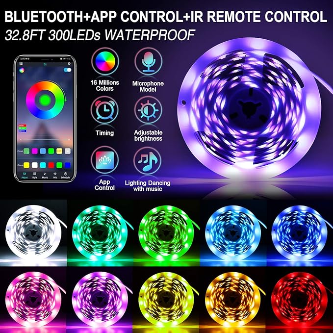 Bluetooth LED Lights Strips 32.8ft with APP Control, Music Sync Waterproof Flexible RGB Color Changing LED Strips Lights for Bedroom Room,LED Neon Tape Rope Lights with Remote for Gaming Mood Lighting