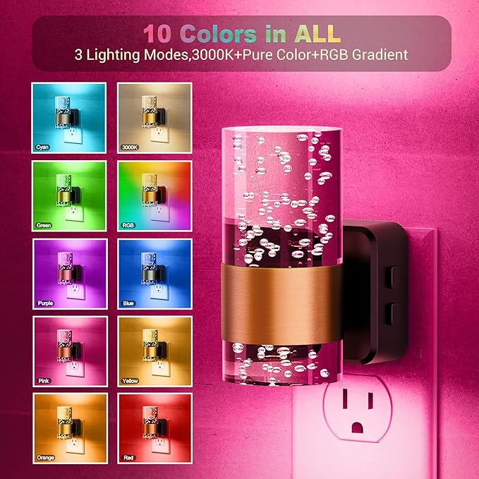 JandCase Night Lights Plug into Wall,Color Changing Night Light for Kids, 3000K+RGB 10-Color LED Nightlight with Dusk to Dawn Sensor, 10/50/100LM Adjustable Brightness for Rooms Home Decor