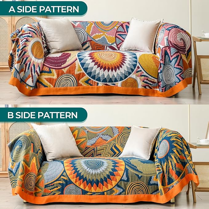 King Throw Blanket for Bed 100% Cotton Boho Oversized Soft Cozy Muslin Quilt Blanket Double Embroider Sun, Vintage Farmhouse Cottage Woven All Season Blankets for Bedding Couch,90"×98"
