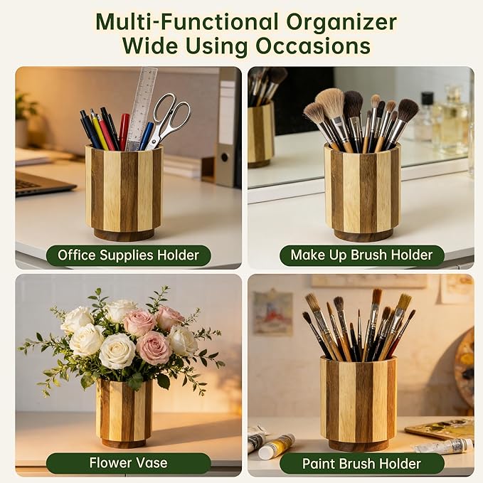 Wooden Utensil Holder, 360° Rotating Acacia Wood Kitchen Utensil Holder for Countertop, 7.2" Non-Slip Large Utensil Holder for Kitchen, Farmhouse Countertop Decor, Spatula Holders, Stripes