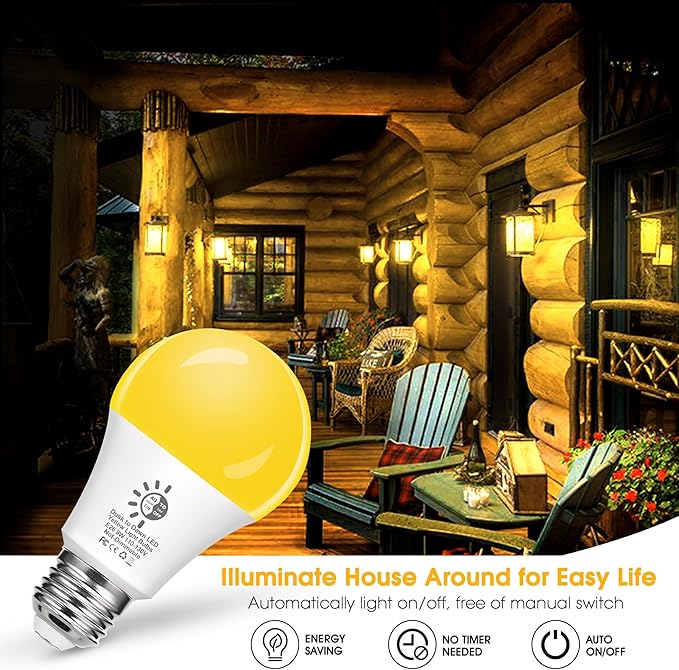 Flaspar Dusk to Dawn LED Yellow Bug Light Bulbs Outdoor 60W Equivalent, Amber Yellow Bug Light Bulb for Outside, Auto On/Off 9W 2000K A19 LED Bug Photocell Sensor Lights for Patio, Porch, 2 Pack