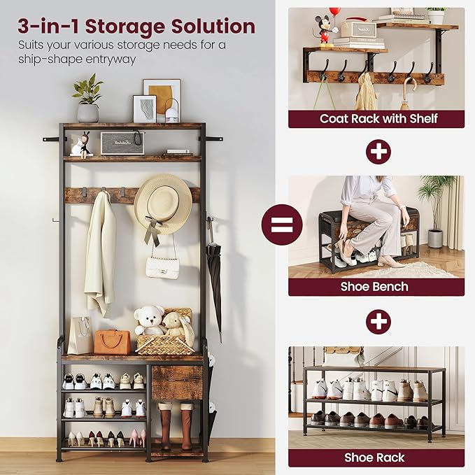Homeiju Hall Tree with Bench and Shoe Storage, 3-in-1 Entryway Organizer with 6+2 Hooks, Coat Rack with Adjustable Feet for Stability, Mudroom Furniture with Storage Shelf