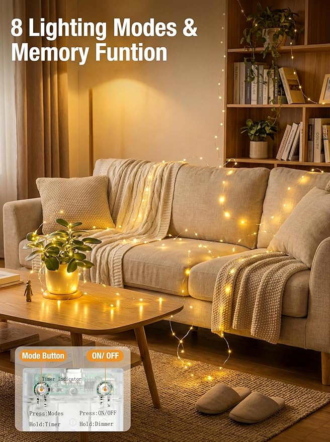 btfarm Fairy Lights Battery Operated with Timer 8 Modes, 16.4 FT 50 LED Silver Wire Twinkle String Lights Battery Powered Dimmable Waterproof for Indoor Home Party Wedding Christmas Decor, Warm White