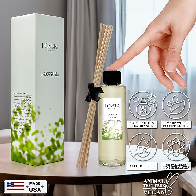 LOVSPA Bamboo Citrus Diffuser Oil - Luxury Essential Oils for Diffuser Refill & Air Freshener Room Spray - Long-Lasting & Natural Home Fragrance, Scented Oil for Diffusers, USA Made, 4oz