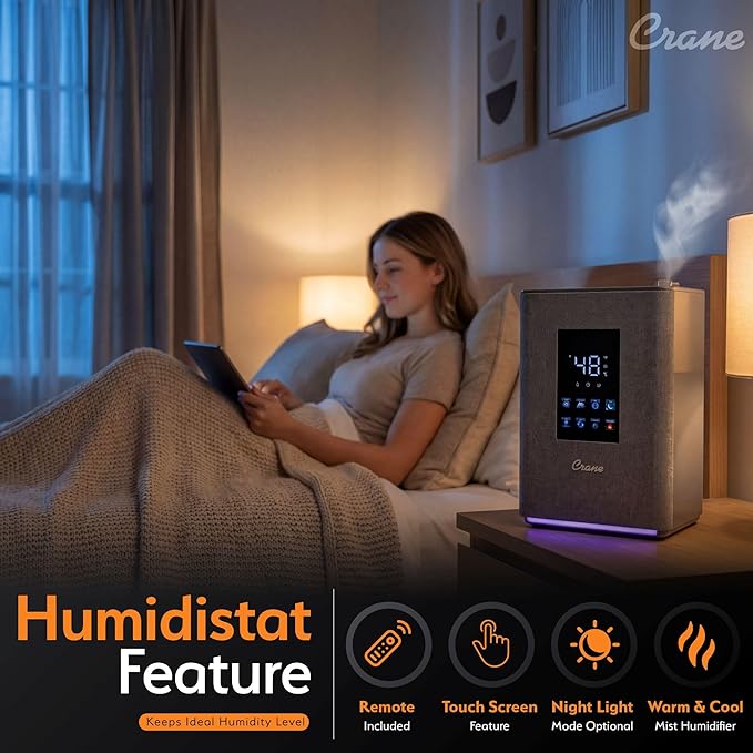 Crane 4.5L Warm and Cool Mist Humidifier, Top Fill Ultrasonic Humidifier for Large Room, Bedroom, Baby Nursery, Easy Clean, Humidifier with Essential Oil Tray, Humidifier with Humidistat & Remote