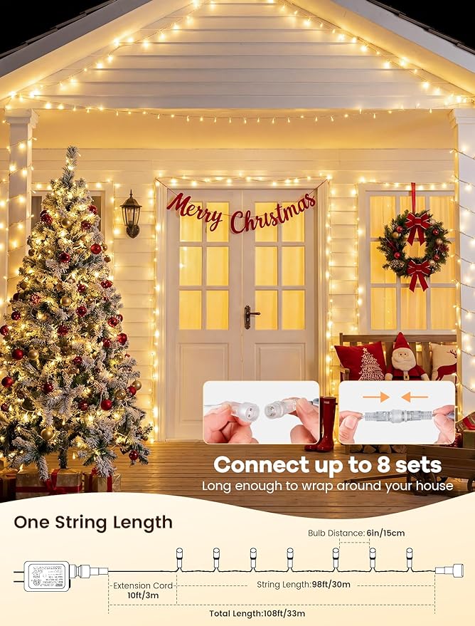 String Lights Indoor Bedroom,98FT 200 LED Fairy String Lights Outdoor Waterproof, Memory Twinkle Christmas Light Plug in for Classroom Dorm Patio Tree Garden Decor(Warm White with Remote)