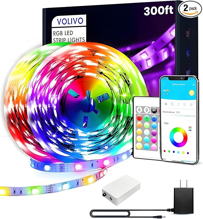 VOLIVO 300ft Led Strip Lights for Bedroom, Color Changing Led Light Strips Kit with 24 Keys IR Remote and Smart App Control, RGB Music Sync Lighting for Room, Home Decor